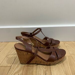 Franco Sarto Women’s Cognac Leather Cork Wedge Sandals Size 7